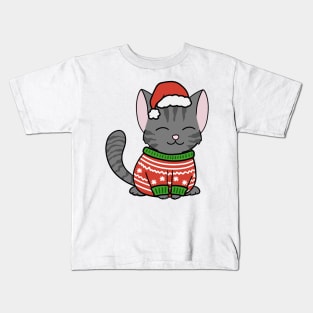 Christmas Sweater Black Tabby Cat Kids T-Shirt